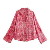 플라워 블라우스 꽃무늬 셔츠 핑크 여성 프린트 새틴 버튼 긴팔