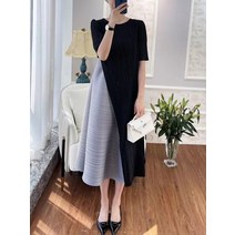 가을 주름 원피스 옷 코발트 블루 반다나 롱 드레스 여름 신작 플리츠 드레스 블랙 그레이 페이크 양방향 스티칭 디자인 중간 길이 캐주얼 자급 자족 스커트
