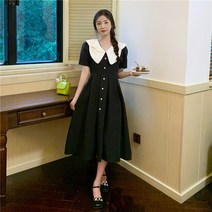 HQINT 큰 크기의 나비 칼라 자수 레트로 드레스 암컷 2022 여름 지방 mm 하이 허리 얇은 웨이퍼 짧은 -검은 검은 롱 스커트 ZA-246262