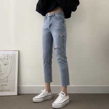 다미로그 여성용 보이핏 9부 슬림 배기 찢어진 청바지