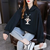 추조 얇은 맨투맨 여 춘추 캐릭터 후드 상의 캐주얼 루즈핏 여성
