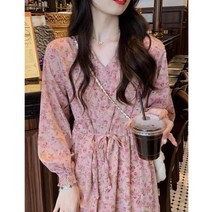 허리 스트링 원피스 플라워 브이넥 소매 퍼프 벌룬 꽃