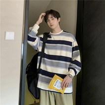 smy스트라이프 스웨터 남자 가을 한국 스타일 유행 캐주얼 셔츠 긴 소매 티셔츠 홍콩 스타일 느슨한 겉옷 커플 탑