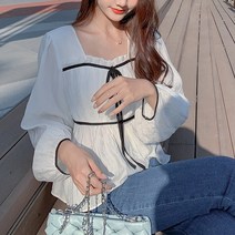 하늘하늘 프렌치 복고풍 퍼프 벌룬 소매 스퀘어넥 블라우스