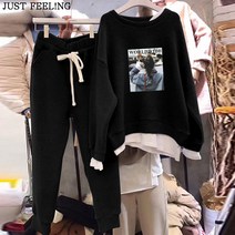 JUST FEEL!NG 캐주얼 맨투맨 여성 빅사이즈 여자옷 운동복세트 루즈핏 조거팬츠 트레이닝 츄리닝 상하복