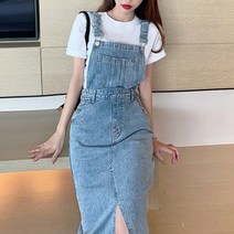 [레티고] 트임 멜빵 롱 데님 원피스