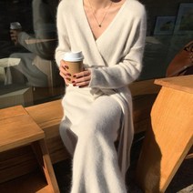 허리 끈 묶는 V넥 니트 스웨터 우아한 봄 가을 원피스