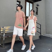 신혼여행 커플룩 허니문 원피스 커플티 휴양지 바캉스 시밀러룩 중국 스타일 커플 드레스 여름 드레스 복고풍 인쇄 여성 외국 스타일 서스펜더 스커트 어 버전 반팔 티셔츠 투피스