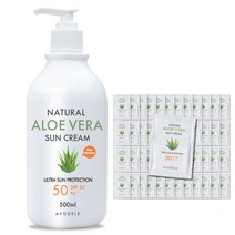 아요델 알로에베라 선크림 1회용파우치 5ml x 50매 + 선크림 500ml 등, 1회용파우치50매+선크림500ml