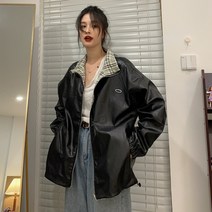 Thousand 앞뒷판 가죽 코트 여춘추 오버핏 체크 재킷