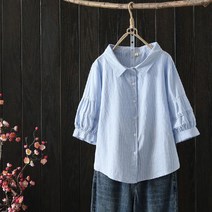 엠보 퍼프 7부 아사면 블라우스 흰색 순면 여름 빅포켓 캐주얼 엄마 여자 김숙 얇은 남방