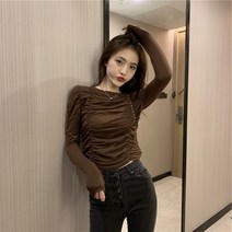 주름셔츠 숏맨투맨 여성 차오쿠 디자인감각 보이핏 볼륨 레쉬 상의 슬림핏 긴 소매 초 가을 2424542656, M 브라운55