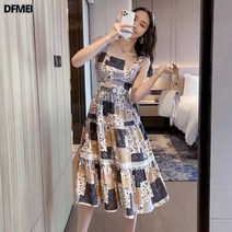 DFMEI 플라워 스커트 날씬해 보이는 나시 스커트 패치 사각 원피스 미디엄 롱