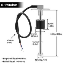 유면계 유량계 스테인레스 스틸 연료 레벨 센서 100-600MM 0-190 ohm 52MM 연료 레벨 게이지 해양 보, 17 500mm Sensor