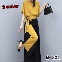 ANYOU 여성 쉬폰 블라우스 티셔츠 와이드 팬츠 세트 심플 데일리 투피스 엄마옷