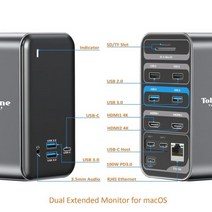 도킹 스테이션 듀얼 4K 모니터 MacBook Pro/Air USB C 허브 2 HDMI PD 3.0 RJ45 3.5mm 오디오 플러그 앤 플레이 포함, 01 UDS13 no power