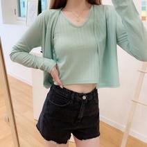 티데일리 여성용 하찌 가디건 반크롭 골지 나시 민소매티 세트