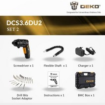 전동드라이버 전동드릴 다이나믹 에어쿠션 데코 DCS36DU2 무선 전기 스크루 드라이버 가정용 충전식 배터리 트위스트 핸들 LED 토치, Russian Federation+SET 2, China+SET 2