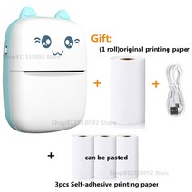 라벨프린터 미니 고양이 모양 휴대용 열전사 인쇄 무선 impresoras 종이 사진 잉크리스 스티커 android ios 57mm, a-blue ad 3 접착제
