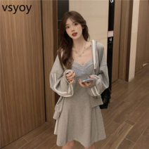 vsyoy 레저 정장 여성의 봄과 가을 2023 새로운 서스펜더 드레스 패션 후드 스타일 스웨터 코트 투피스 세트