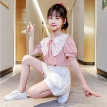 예쁜옷보니타 여아 빅카라체크블라우스+화이트반바지세트