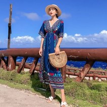 여성 데일리 원피스 봄 여름 푸켓 타이 에스닉 스타일 비치 스커트 해변 휴가 보헤미안 롱 드레스 빅사이즈 슬리밍