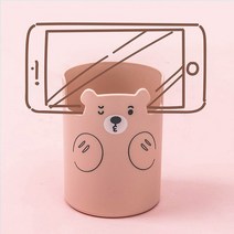 펜트레이 아크릴 원목 볼펜 연필꽂이 귀여운 만화 곰 펜 홀더 라운드 데스크탑 화장품 립스틱 브러시 보관, 01 pink
