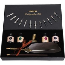 일본직발송 3. UBEART 붓글씨 키트 골동품 깃털 펜 핸드 크래프트 나무 펜 펜촉 14 개 병 잉크 4 개 펜 홀, One Size, One Color