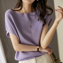 넓은라운드넥 쿨링원단 니트 반팔 티셔츠 시원소재 여름 반소매 상의