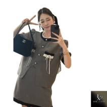 그레이 여름투피스셋업 레이스 프릴 퍼프소매 결혼식하객룩
