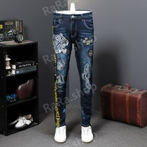 남성 청바지 남성 스크레치 슬림핏 자수 프린팅 다리가 길어보이는 바지 봄가을