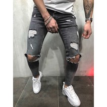 패션 STREETWEAR 남자 청바지 빈티지 블루 그레이 컬러 스키니 파괴 찢어진 청바지 깨진 펑크 바지 옴므 힙합 청바지 남자