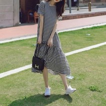 체크 롱 반팔 원피스 Blpbje