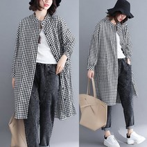 WAWAMOM(특허브랜드) 빅사이즈 여성 긴팔 셔츠 여자 헨리넥 체크 롱셔츠 원피스 블라우스 오피스룩 린넨남방 BTW14e