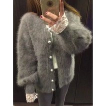 밍크자켓 밍크가디건 롱 퍼 밍크 이중 도톰한 카디건 여자 니트 와이드 하프 진주 버튼 토시