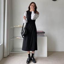 브이와이 여자 깔끔한 라운드넥 소매배색 벨티드 일자 롱원피스