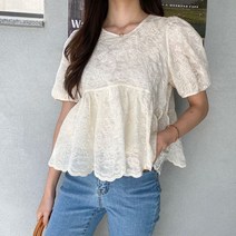 리엘라 뎃커리 레이스 퍼프 반팔 블라우스