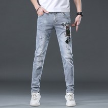 남자집업 남성 2022 년 봄 여름 약한탄력 슬림 스키니 대미지 핫픽스 자수 데님 바지남자 트렌드 4990620613
