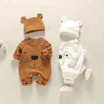 신도시룩 점프수트 용수철 가을 롬퍼 모자 세트 곰 프린트 오버올 긴팔 유아복