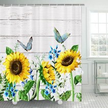 우드폼블라인드 농가 소박한 샤워 커튼 해바라기 가을 꽃 농촌 헛간 나무 패브릭 욕실 후크 세트