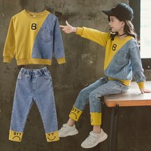 예끼 주니어의류B표정마크데님세트 초등학생옷 여아동복 상하복세트