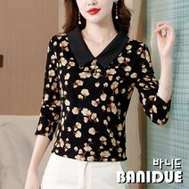 [바니드] 중년여성 봄가을 패션 옷깃 느슨한 엄마옷 나뭇잎 긴팔티셔츠 1126