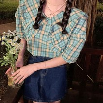 데이트룩 귀엽고 러블리 체크 페턴 민트색 블라우스 여름 원피스 여자옷 멜빵바지 티셔츠
