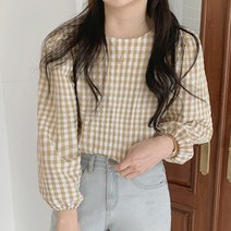 기타 여성 상의 셔츠 고방체크 벌룬소매 봄나들이 2컬러 체크 러블리 블라우스
