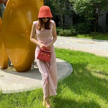 어깨패드 민소매 롱 맥시 트임 슬림 원피스