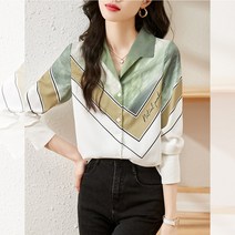 패스타임 배색 프린팅 블라우스 여자 봄옷 브이넥 긴팔 셔츠 데일리 기본