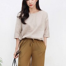 ERV784855블루모드 여자 라운드 반팔 티셔츠 린넨 여름 루즈핏 옷, 색상 사이즈/네이비 XL 77까지
