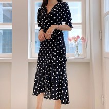 [크리스탈쉽] 여성 여름 도트 셔링 랩원피스 땡땡이 프릴 벌룬소매 롱원피스 하객룩