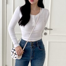 코지 여자 그단스크 반오픈 버튼 라운드넥 이너 긴팔티