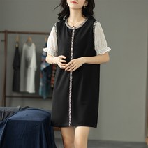 아나운서원피스 퍼프 레이스 벌룬 소매 진주 포인트 날씬해보이는 프릴 비즈 블랙 루즈핏 격식